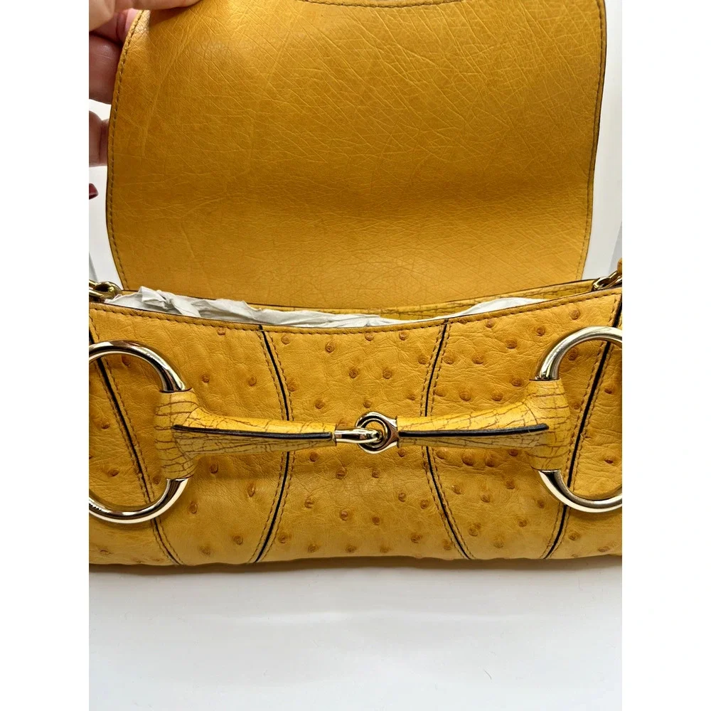 VINTAGE GUCCI Tom Ford Ostrich Leather Horsebit Flap Clutch Yellow Evening Bag - Picture 3 of 12